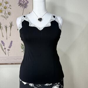 Vintage 90s Y2k Black White Lace Trim Tank Top Fairy Grunge Dark Coquette L